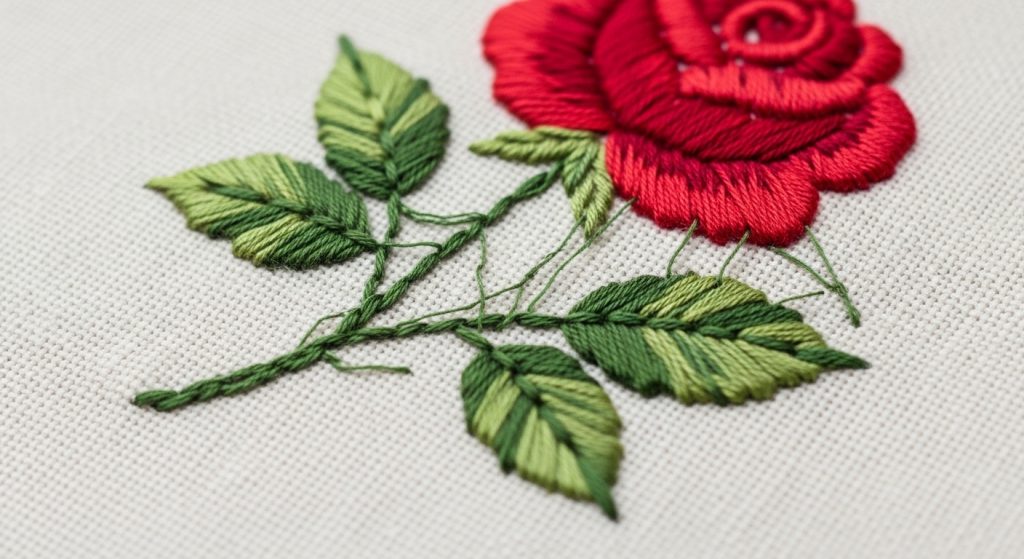 Close-up macro photo of visible jump stitches on finished embroidery showing messy thread connections between design sections