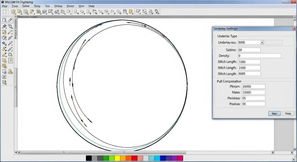 Wilcom digitizing software showing proper circle embroidery settings and pull compensation