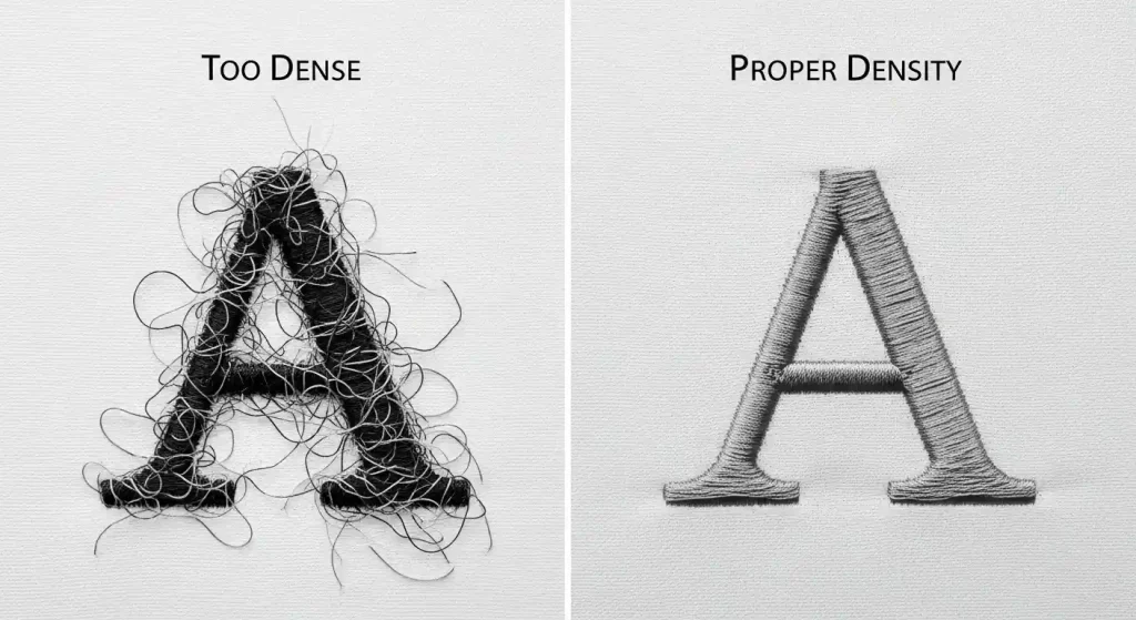 Comparison of too dense versus proper stitch density on embroidered letter A