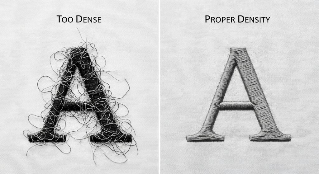 Side-by-side comparison of embroidered letter A showing too-dense stitching versus proper stitch density for readable text