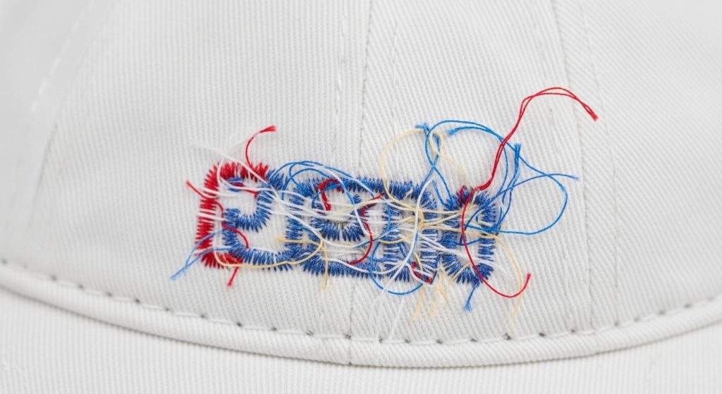 Close-up view of thread loops on hat embroidery caused by wrong stabilizer