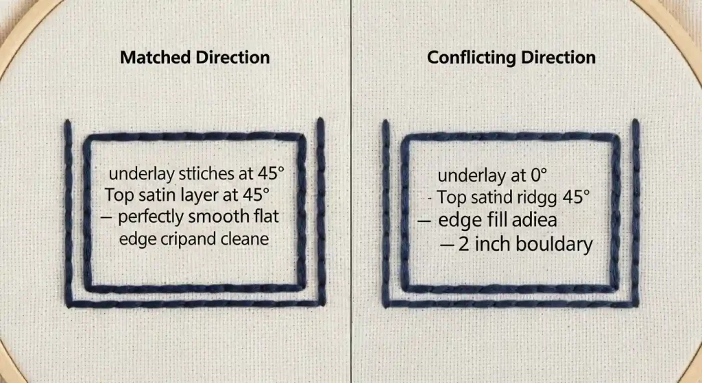 embroidery underlay stitch direction comparison showing matched vs conflicting angles