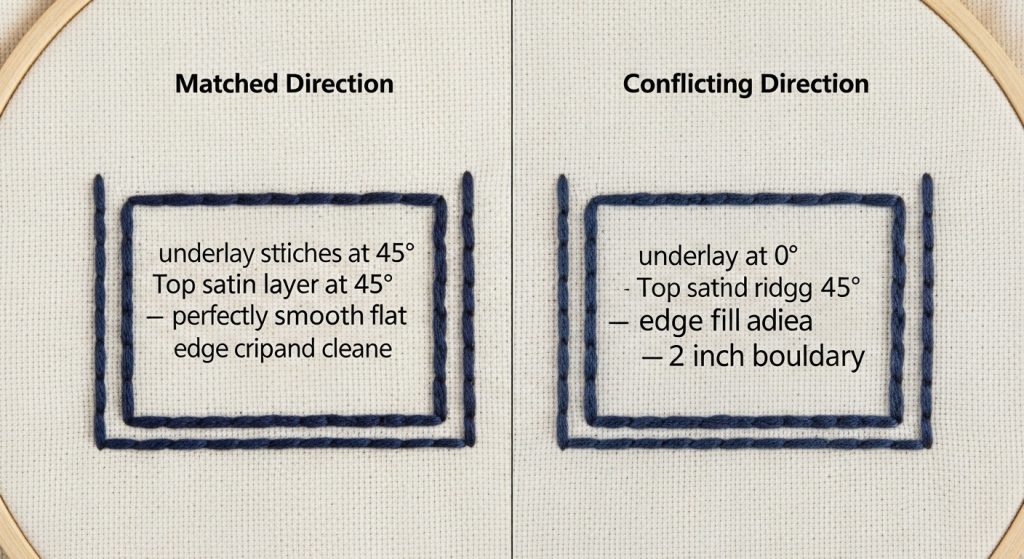 embroidery underlay stitch direction comparison showing matched vs conflicting angles