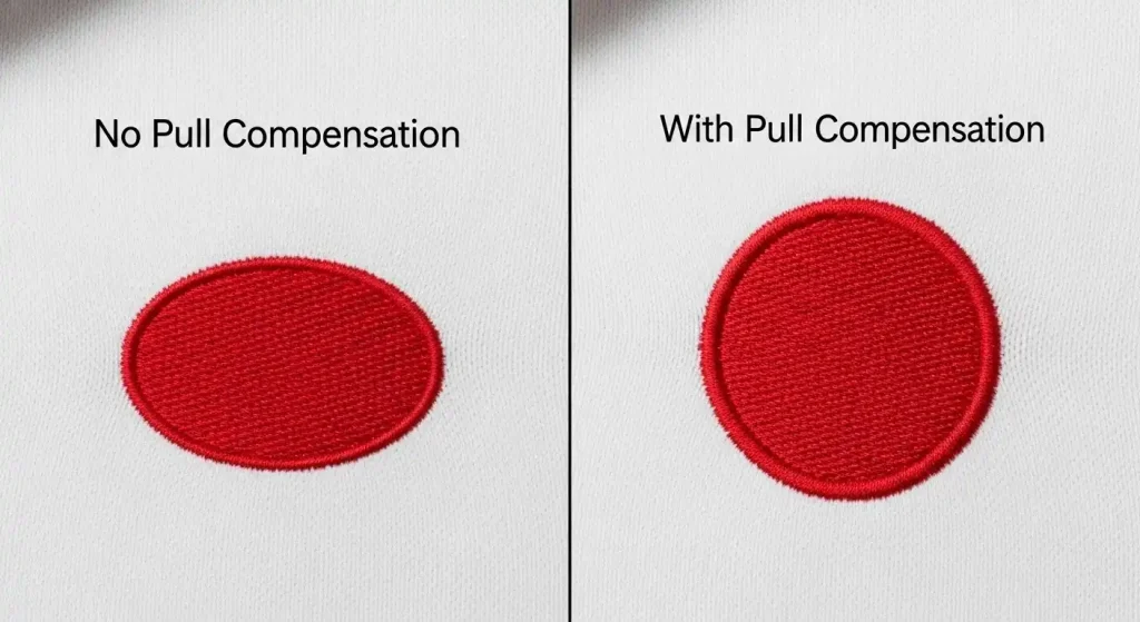 Before and after showing effect of pull compensation on fixing oval embroidery circles