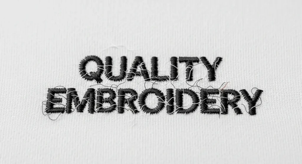 Poorly digitized small embroidery letters showing overlapping stitches and illegible text