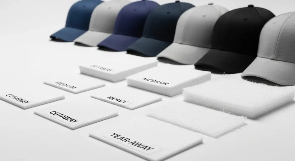 Different embroidery stabilizer types for cap and hat embroidery