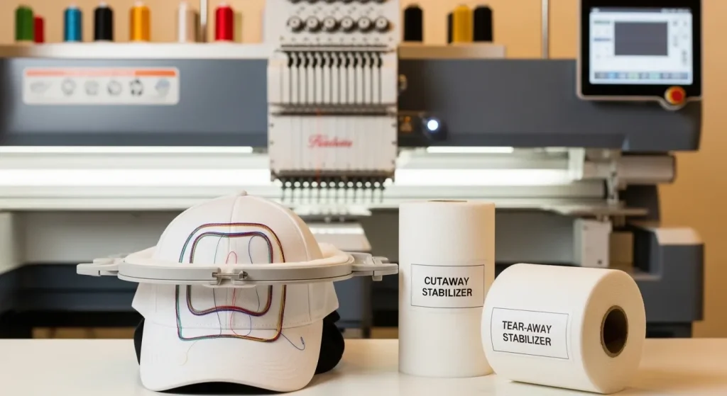 Thread loops on hat embroidery comparing cutaway and tear-away backing stabilizers