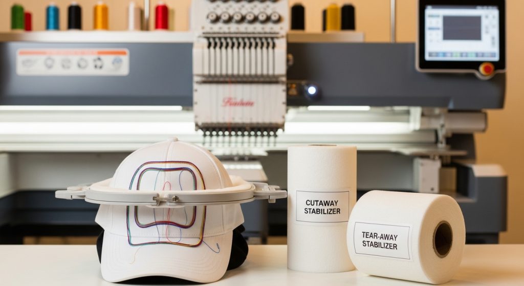 Thread loops on hat embroidery comparing cutaway and tear-away backing stabilizers