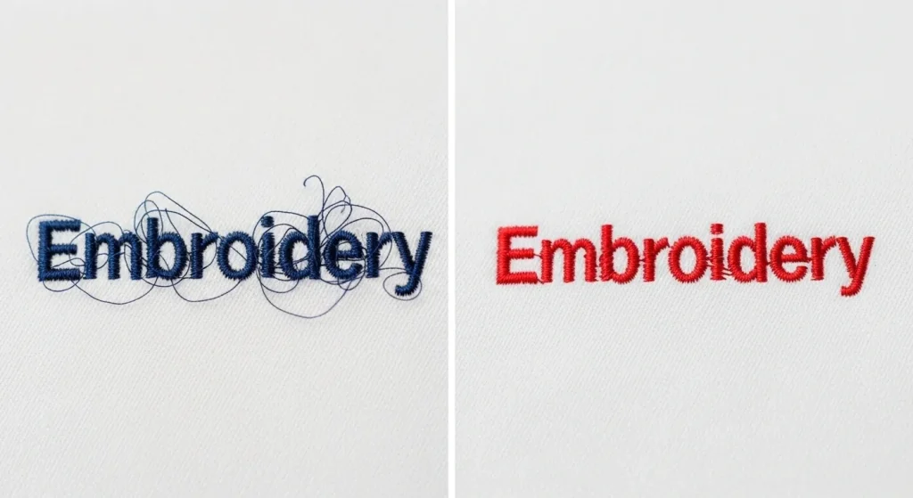 Before and after comparison of messy versus clean embroidered small letters on white fabric