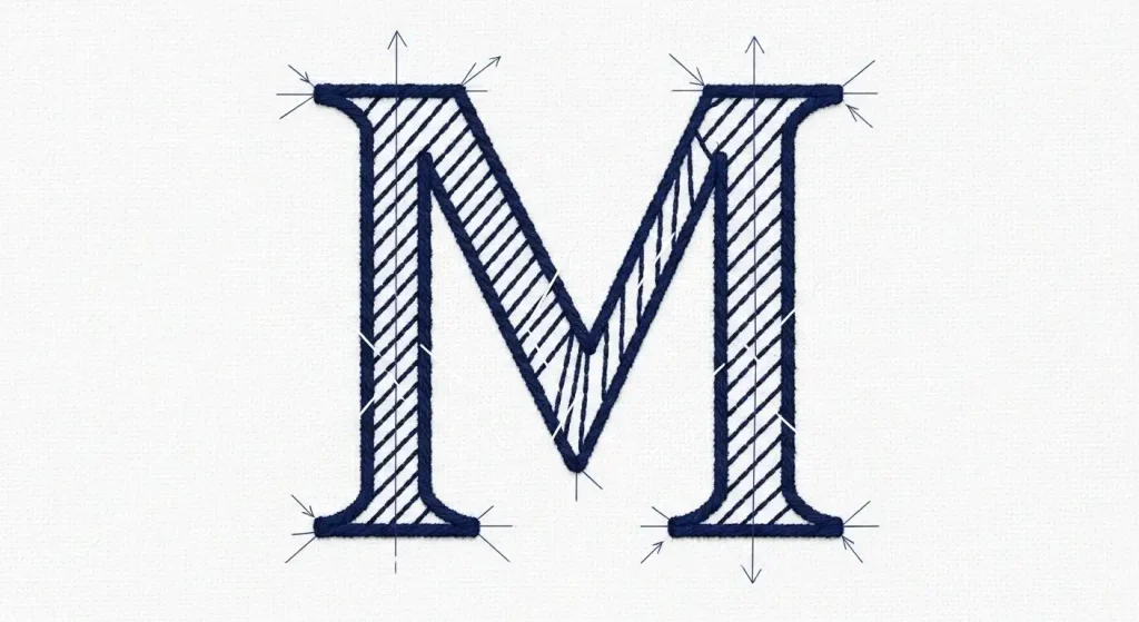 Embroidered letter M showing proper perpendicular stitch direction with arrows
