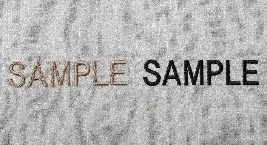 Embroidery lettering distorted by pull compensation error vs correct result