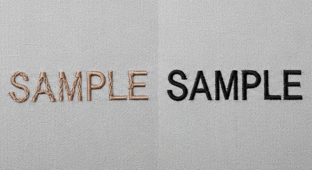 Embroidery lettering distorted by pull compensation error vs correct result
