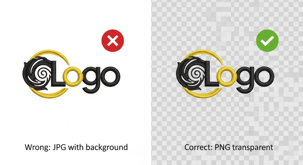 Professional graphic showing correct PNG format with transparent background for embroidery