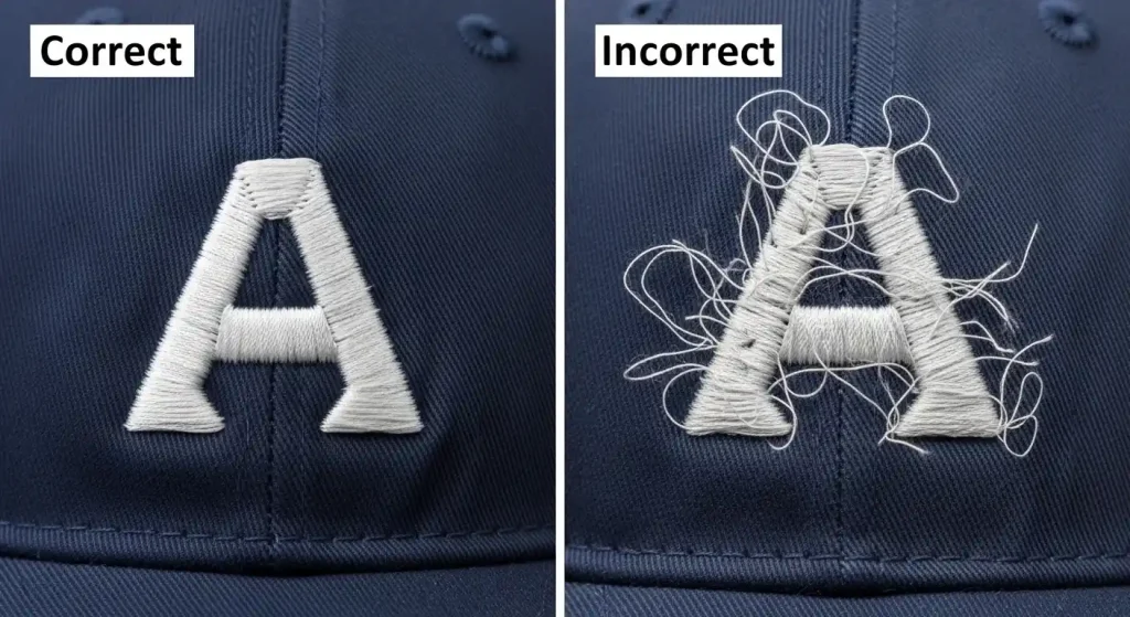 Common hat embroidery mistakes showing thread loops versus clean professional finish