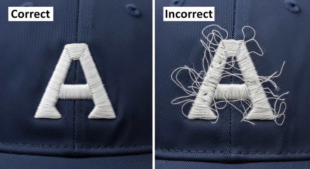 Common hat embroidery mistakes showing thread loops versus clean professional finish
