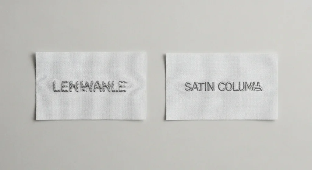 Wrong stitch type causing blurry small embroidery text vs sharp satin stitch result