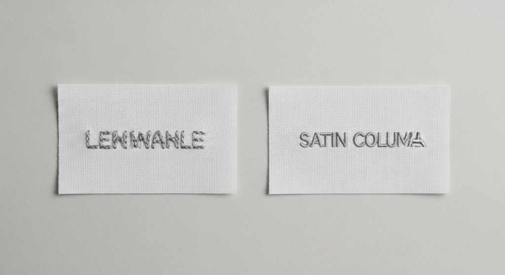 Wrong stitch type causing blurry small embroidery text vs sharp satin stitch result