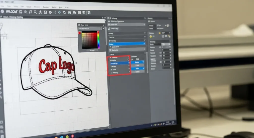 Professional cap digitizing software settings for preventing thread loops