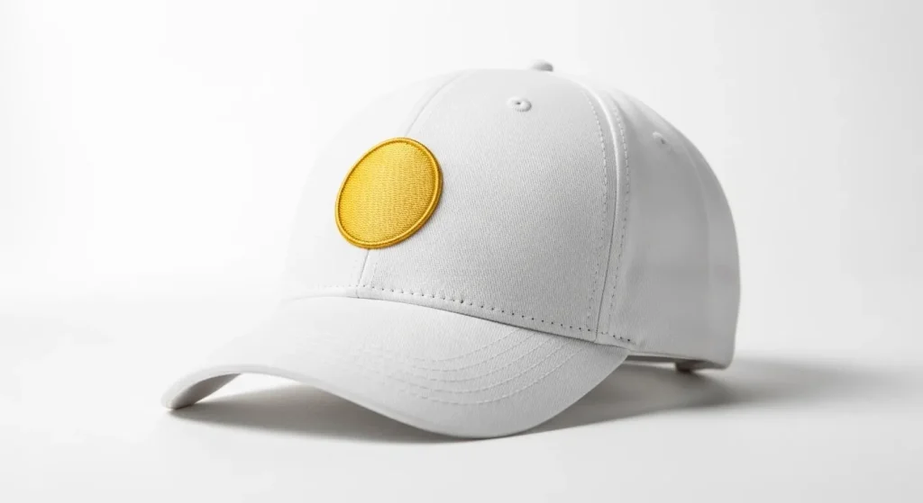 Professional embroidered circle with perfect roundness and no gaps on white baseball cap