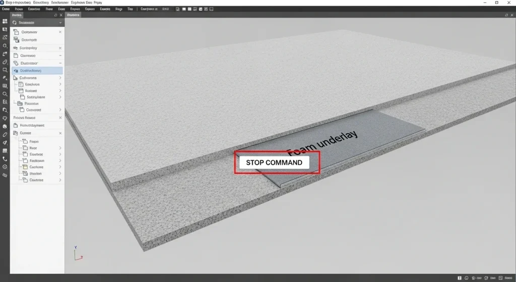 Embroidery digitizing software screenshot showing stop command inserted after foam underlay before satin capping stitches