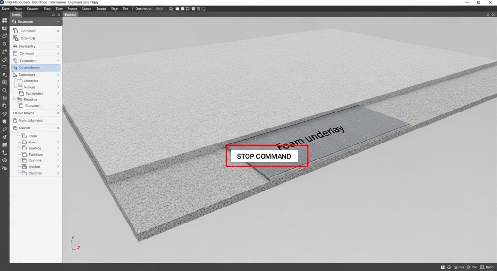 Embroidery digitizing software screenshot showing stop command inserted after foam underlay before satin capping stitches
