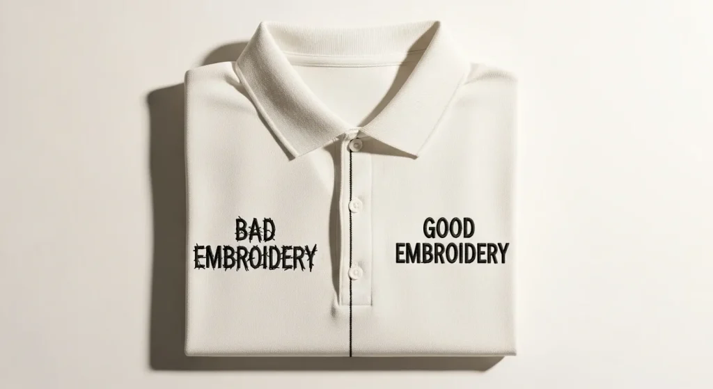 Logo and wording slightly off in embroidery before and after fix on white polo shir