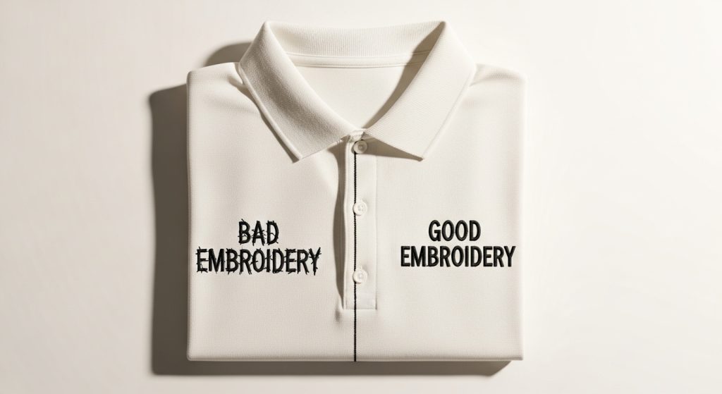 Logo and wording slightly off in embroidery before and after fix on white polo shir