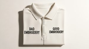 Logo and wording slightly off in embroidery before and after fix on white polo shir
