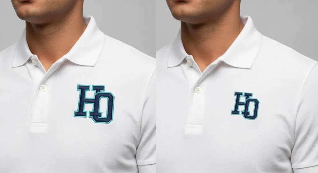 Before and after fix of embroidery sizing issues showing oversized logo corrected on polo shirt