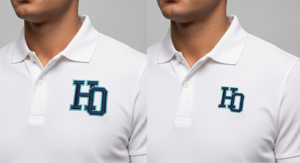 Before and after fix of embroidery sizing issues showing oversized logo corrected on polo shirt