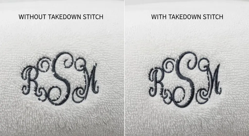 Before and after comparison of monogram embroidery on white towel showing poor quality without takedown stitch versus crisp quality with it
