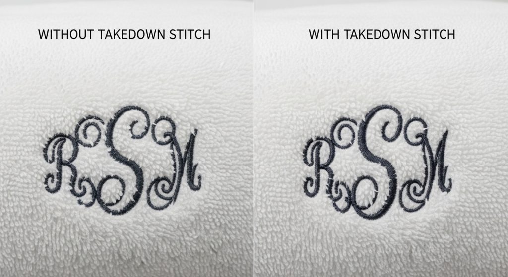 Before and after comparison of monogram embroidery on white towel showing poor quality without takedown stitch versus crisp quality with it