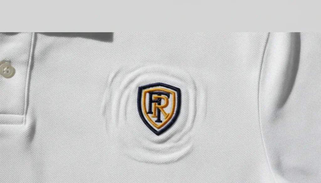 Too much push in embroidery showing fabric distortion on a white polo shirt