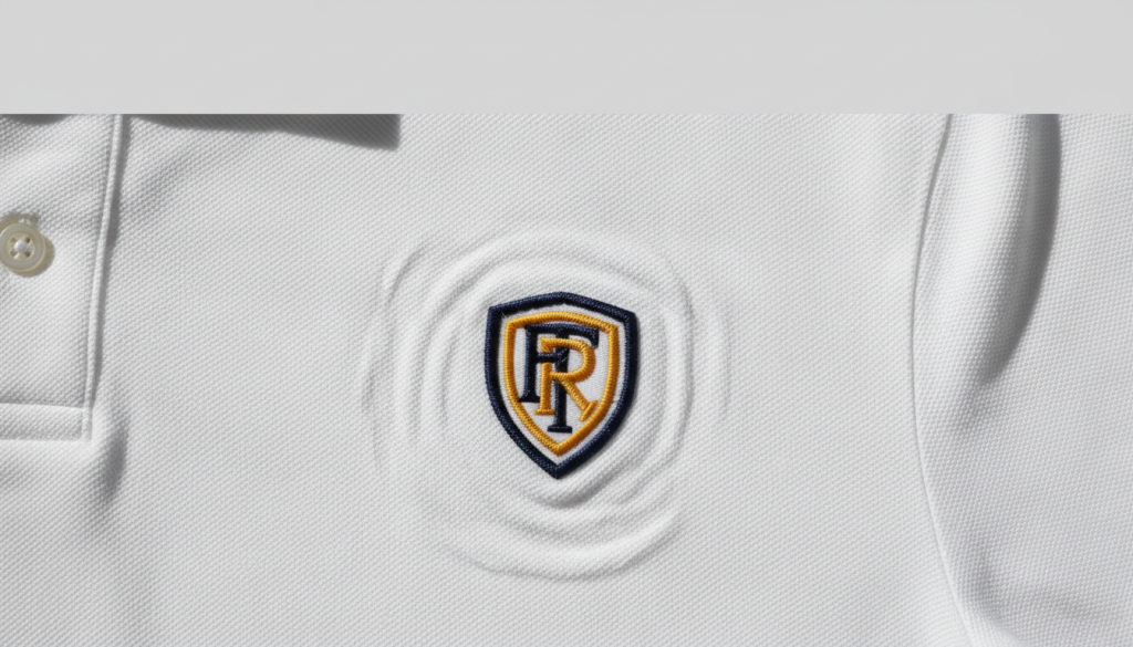 Too much push in embroidery showing fabric distortion on a white polo shirt