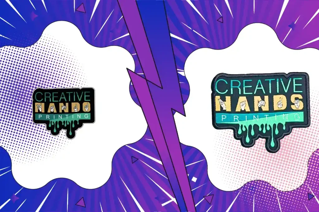 A digital flag graphic and a high-detail woven clothing label showing sharp text and flat texture.