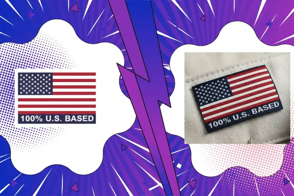 A digital flag graphic and a high-detail woven clothing label showing sharp text and flat texture.