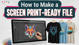 Graphic designer organizing color separations for a screen print-ready file.