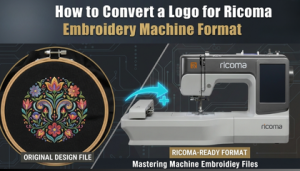 A multi-needle Ricoma embroidery machine working on a high-quality logo.