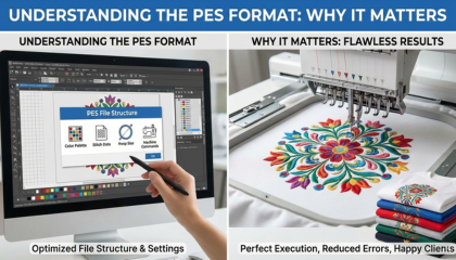 Professional digitizing software interface showing stitch paths for PES