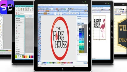 A professional workstation showing the best embroidery digitizing software for 2025 with a complex logo design.
