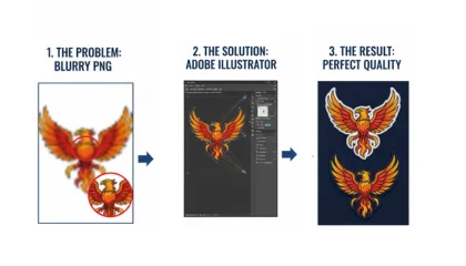 Comparison of a pixelated PNG image versus a smooth vector path with anchor points in Illustrator.