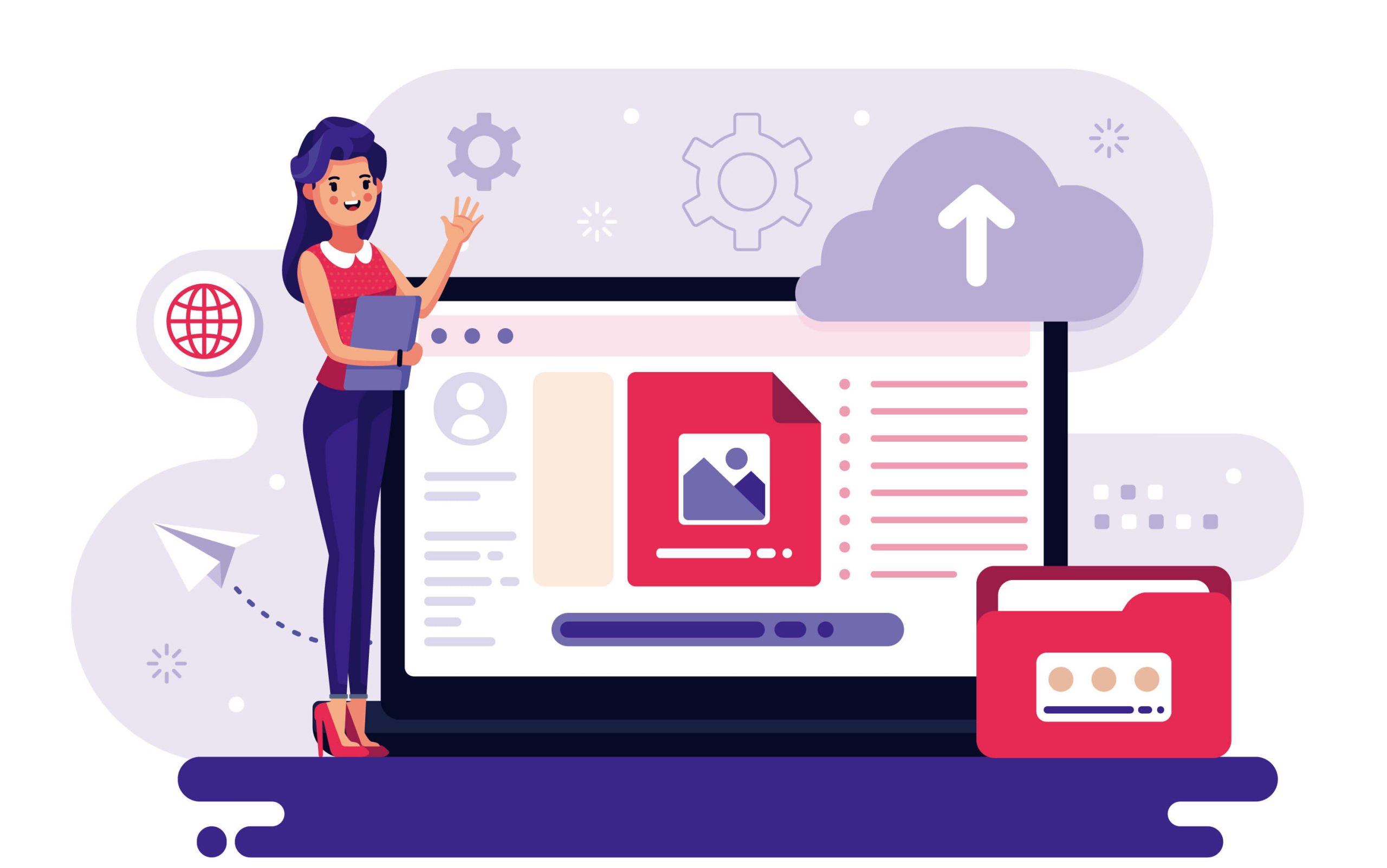 Flat illustration of a woman standing next to a laptop displaying a file upload/download interface with cloud and folder icons.