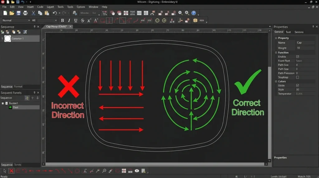 wrong sewing direction causing hat embroidery pinching same place in digitizing software