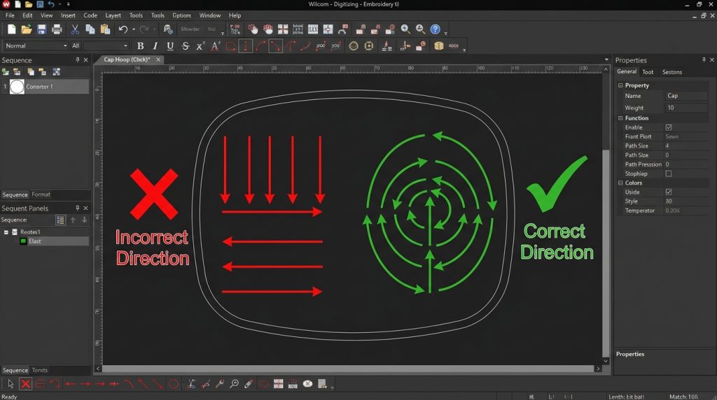wrong sewing direction causing hat embroidery pinching same place in digitizing software