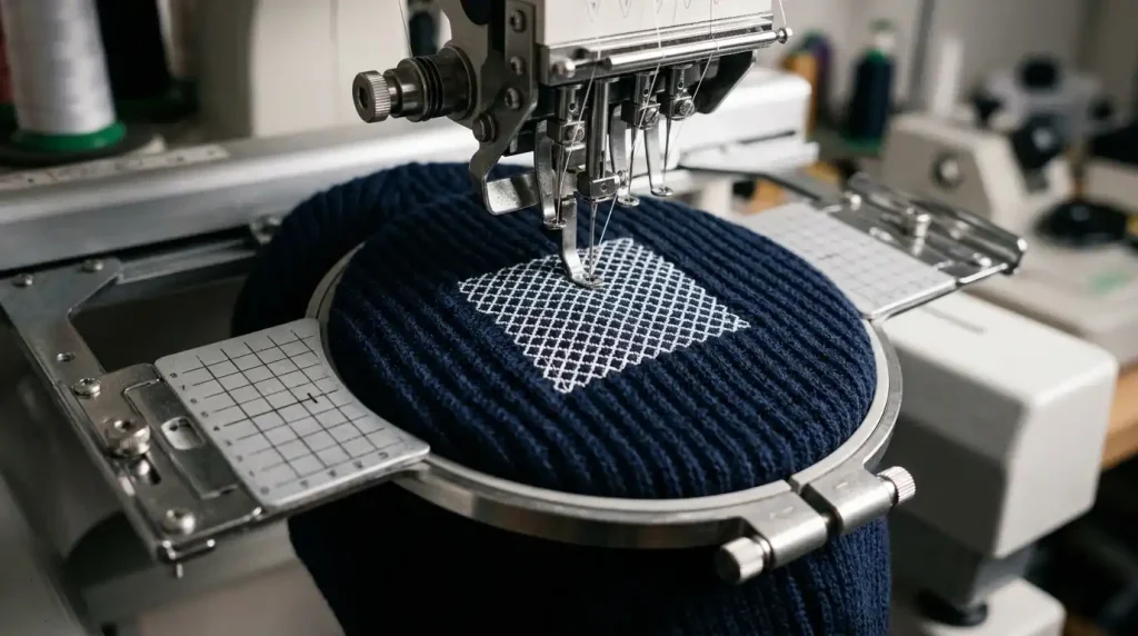 Embroidery machine stitching knockdown underlay layer on dark navy knit beanie cap in cap frame