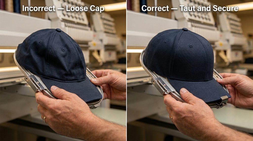 correct cap hooping to prevent hat embroidery pinching same place on every run