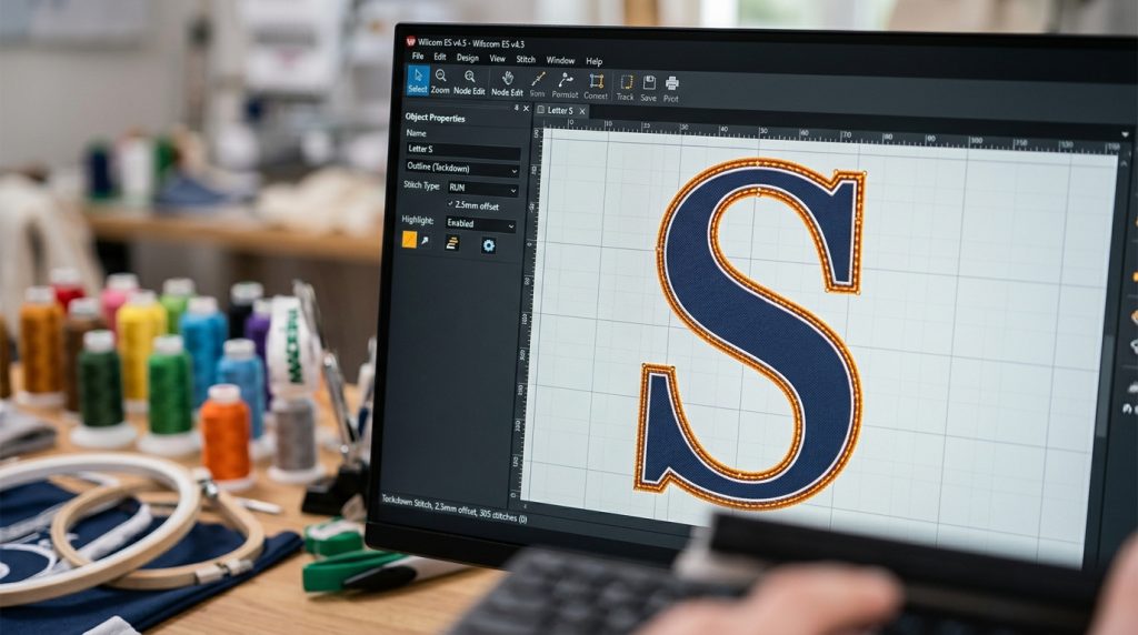 embroidery software showing tackdown stitch offset path around letter outline