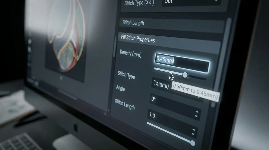 fix bulky embroidery by adjusting fill stitch density settings in software