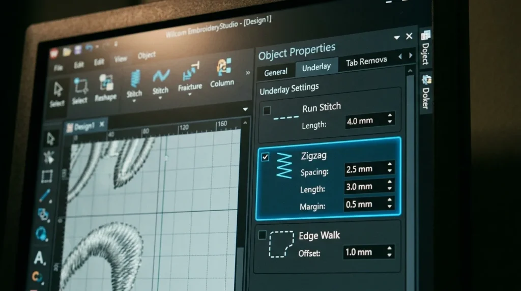Wilcom digitizing software underlay type selection panel showing run stitch zigzag edge walk options
