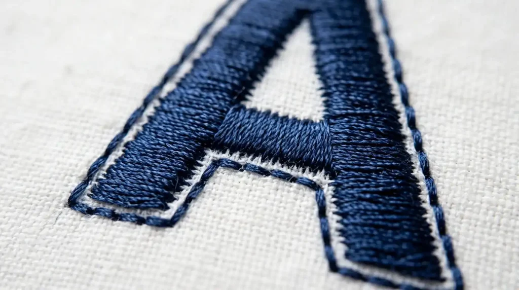 close-up of running stitch tracing edge of embroidered letter A on white fabric